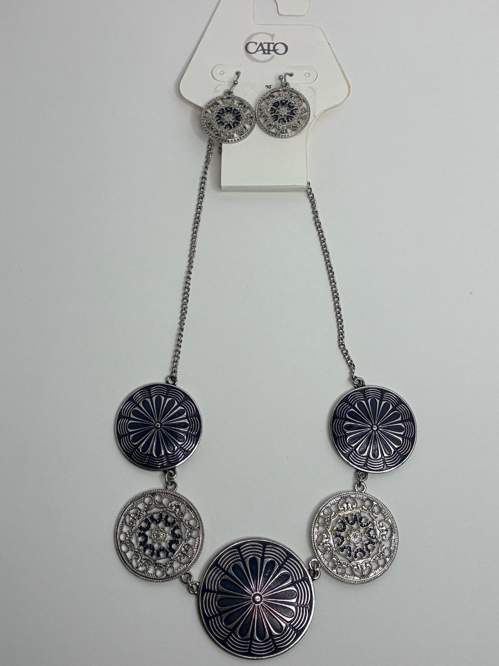 Cato Navy Blue And Silver Tone Sunburst Medallion And Dangle Round Earrings Set